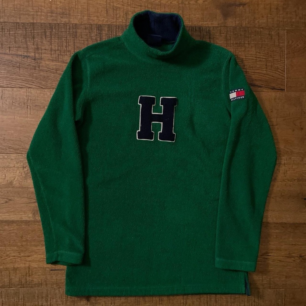 Tommy Hilfiger Sweatshirt Mens S Green Preppy Fleece Varsity H Turtleneck